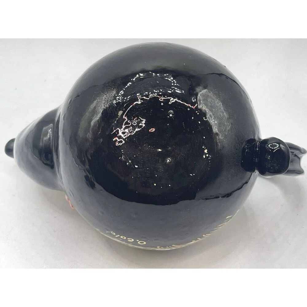 VTG Black Teapot Handpainted Signed O Gold w/ Ceramic Figures Boy Violin Cat +